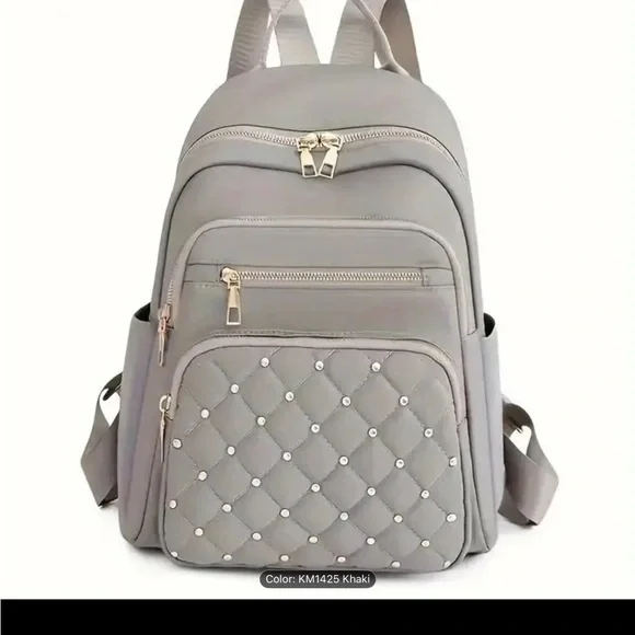 New, Taupe Nylon Quilted Backpack with beading. - Picture 3 of 5